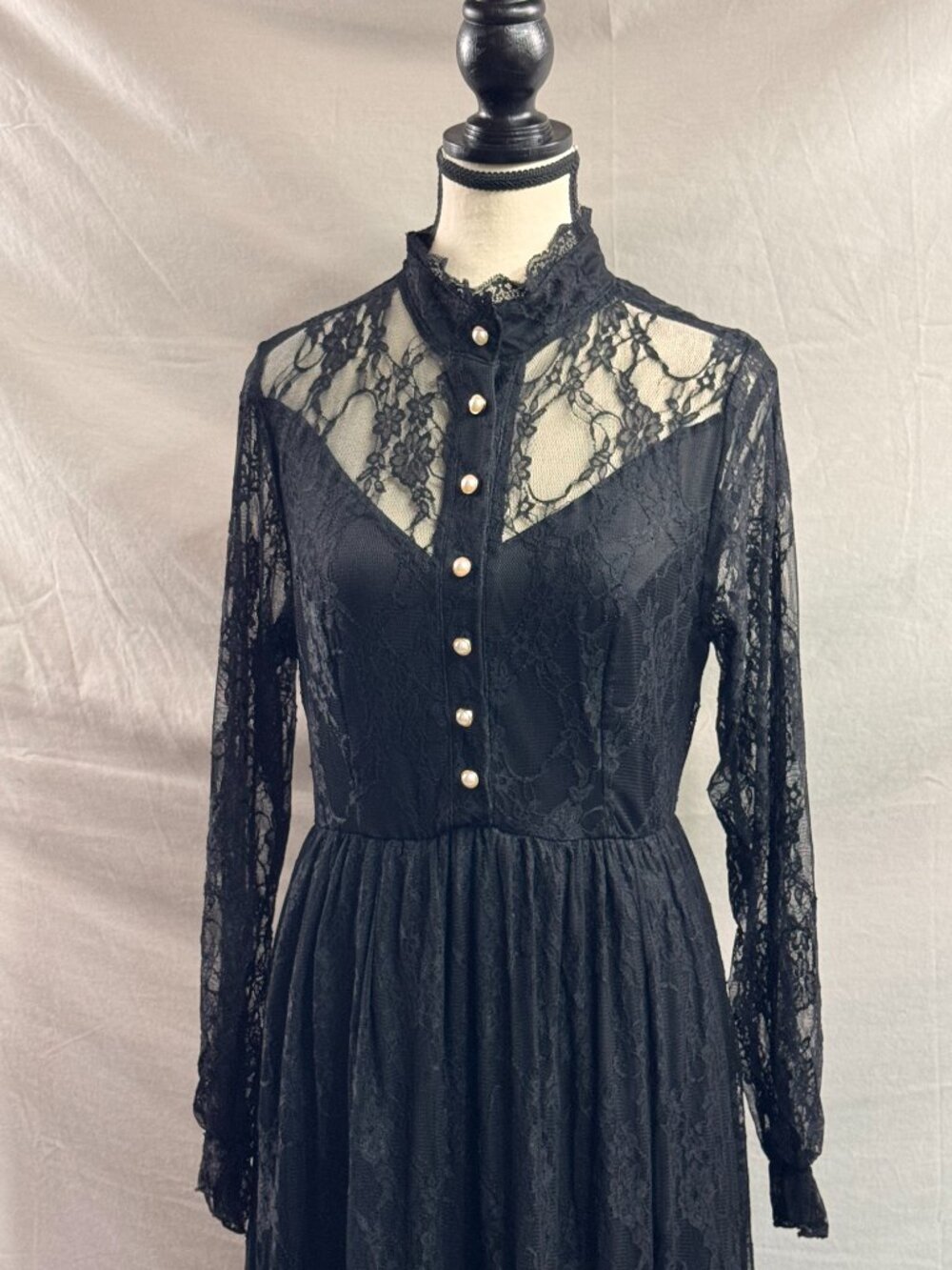 Victorian Black Lace Maxi Dress High Neck Long Sleeve Gothic Boho Gown - Picture 11 of 13